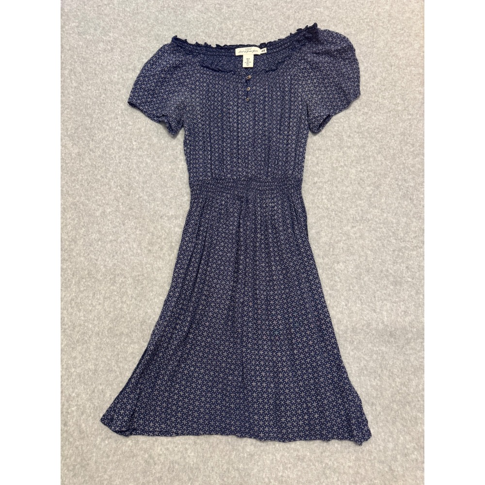 HM LOGG Navy Blue Floral Smocked Waist Ruffle Neck Puff Sleeve Dress Womens 6